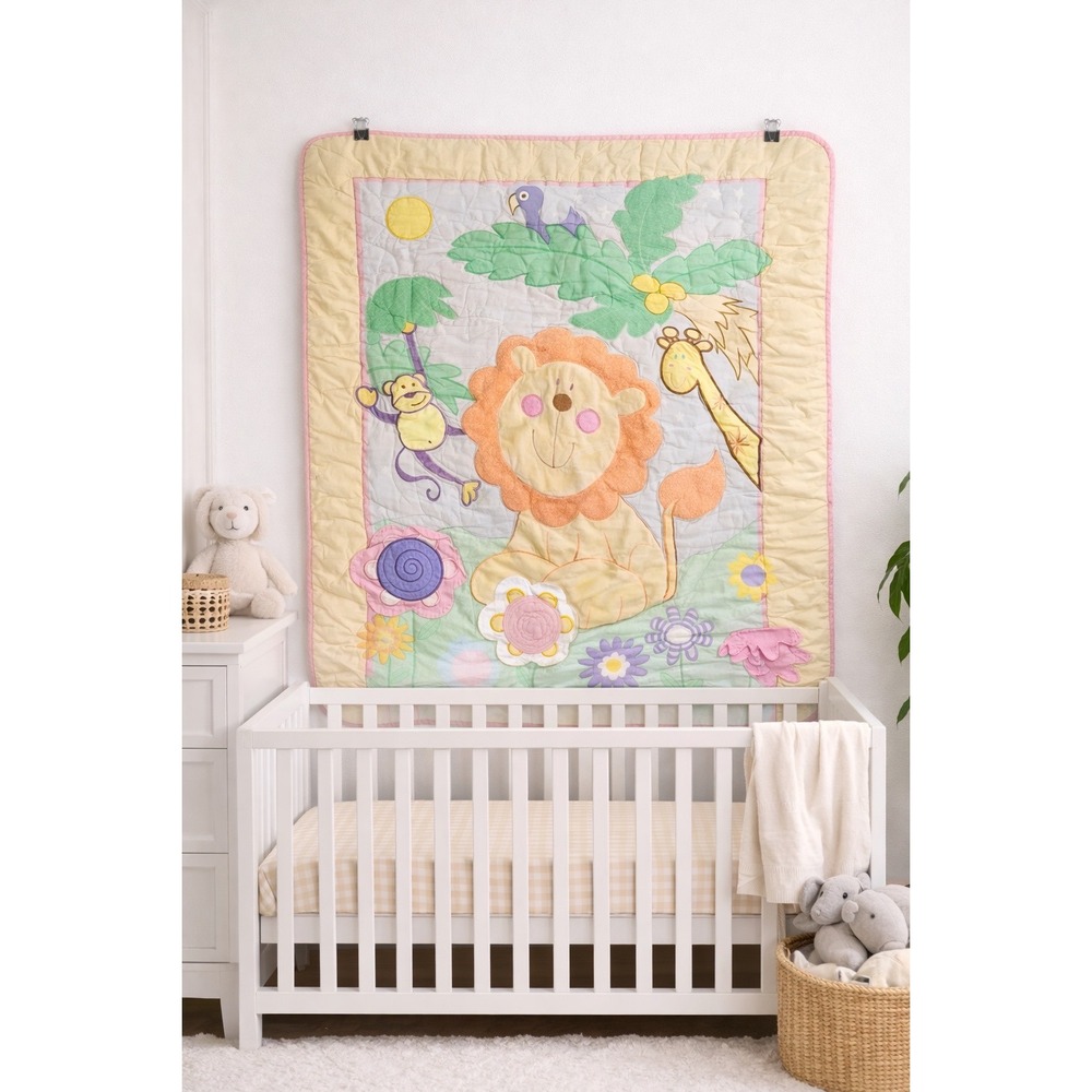 WB11 Vtg Child of Mine by Carter's Jungle Animal Baby Crib Quilt Lion Giraffe